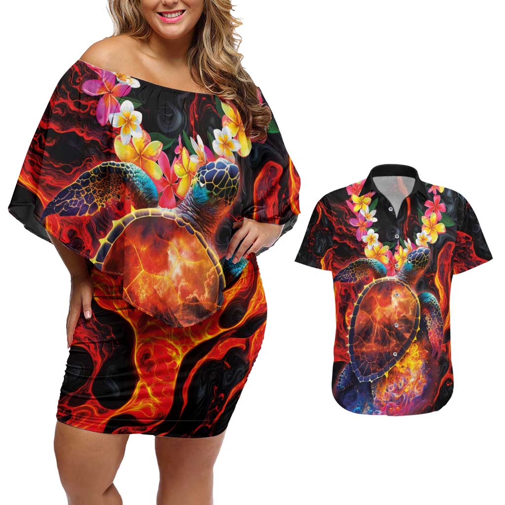 Hawaiian Turtle with Volcanic Eruption Couples Matching Off Shoulder Short Dress and Hawaiian Shirt Hibiscus Lei and Lava Flow an Abstract Texture