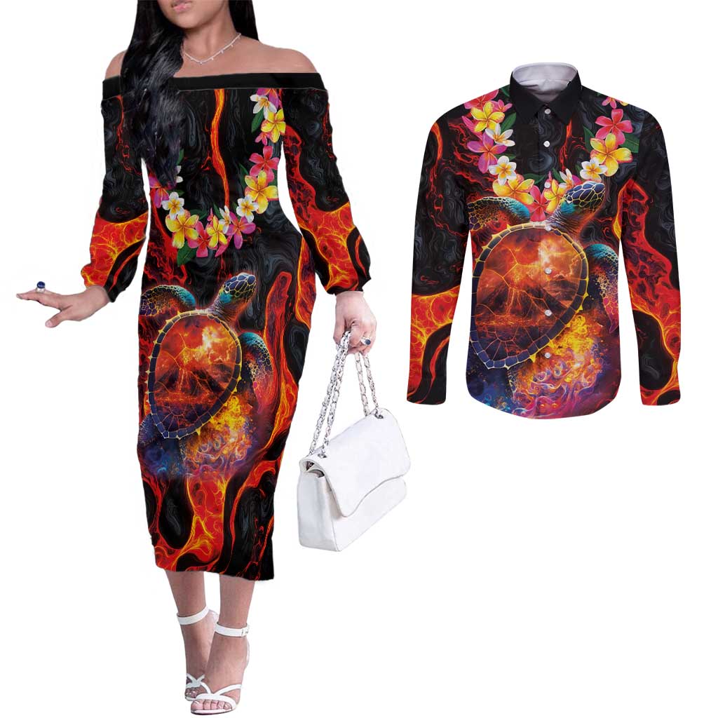 Hawaiian Turtle with Volcanic Eruption Couples Matching Off The Shoulder Long Sleeve Dress and Long Sleeve Button Shirt Hibiscus Lei and Lava Flow an Abstract Texture