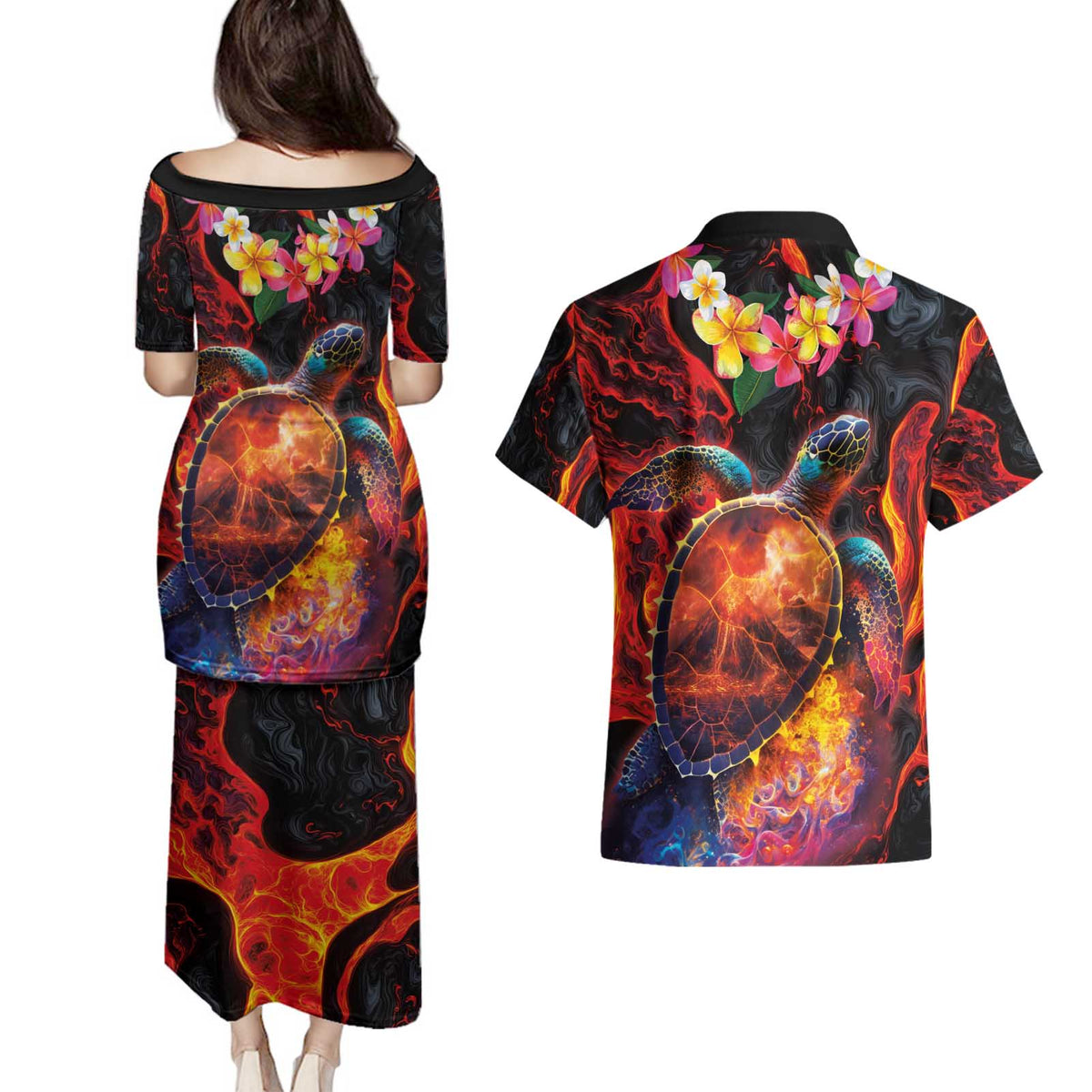Hawaiian Turtle with Volcanic Eruption Couples Matching Puletasi and Hawaiian Shirt Hibiscus Lei and Lava Flow an Abstract Texture