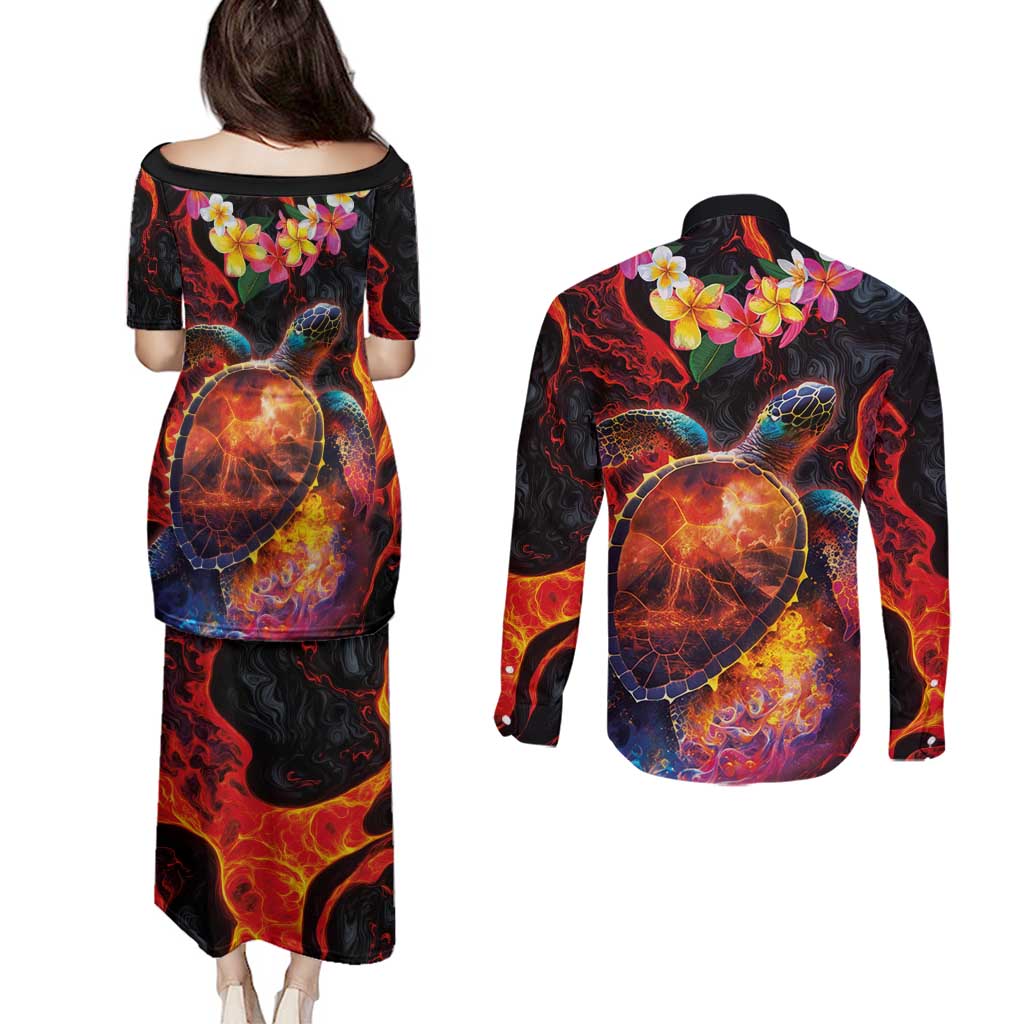 Hawaiian Turtle with Volcanic Eruption Couples Matching Puletasi and Long Sleeve Button Shirt Hibiscus Lei and Lava Flow an Abstract Texture