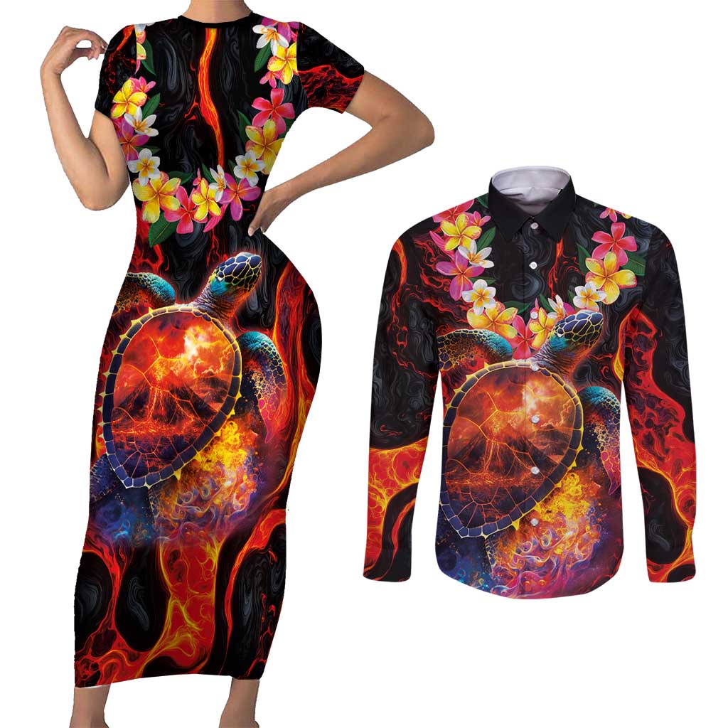 Hawaiian Turtle with Volcanic Eruption Couples Matching Short Sleeve Bodycon Dress and Long Sleeve Button Shirt Hibiscus Lei and Lava Flow an Abstract Texture