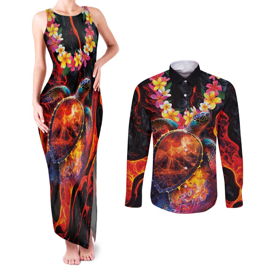 Hawaiian Turtle with Volcanic Eruption Couples Matching Tank Maxi Dress and Long Sleeve Button Shirt Hibiscus Lei and Lava Flow an Abstract Texture