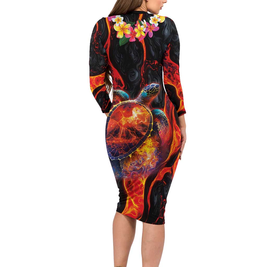 Hawaiian Turtle with Volcanic Eruption Family Matching Long Sleeve Bodycon Dress and Hawaiian Shirt Hibiscus Lei and Lava Flow an Abstract Texture