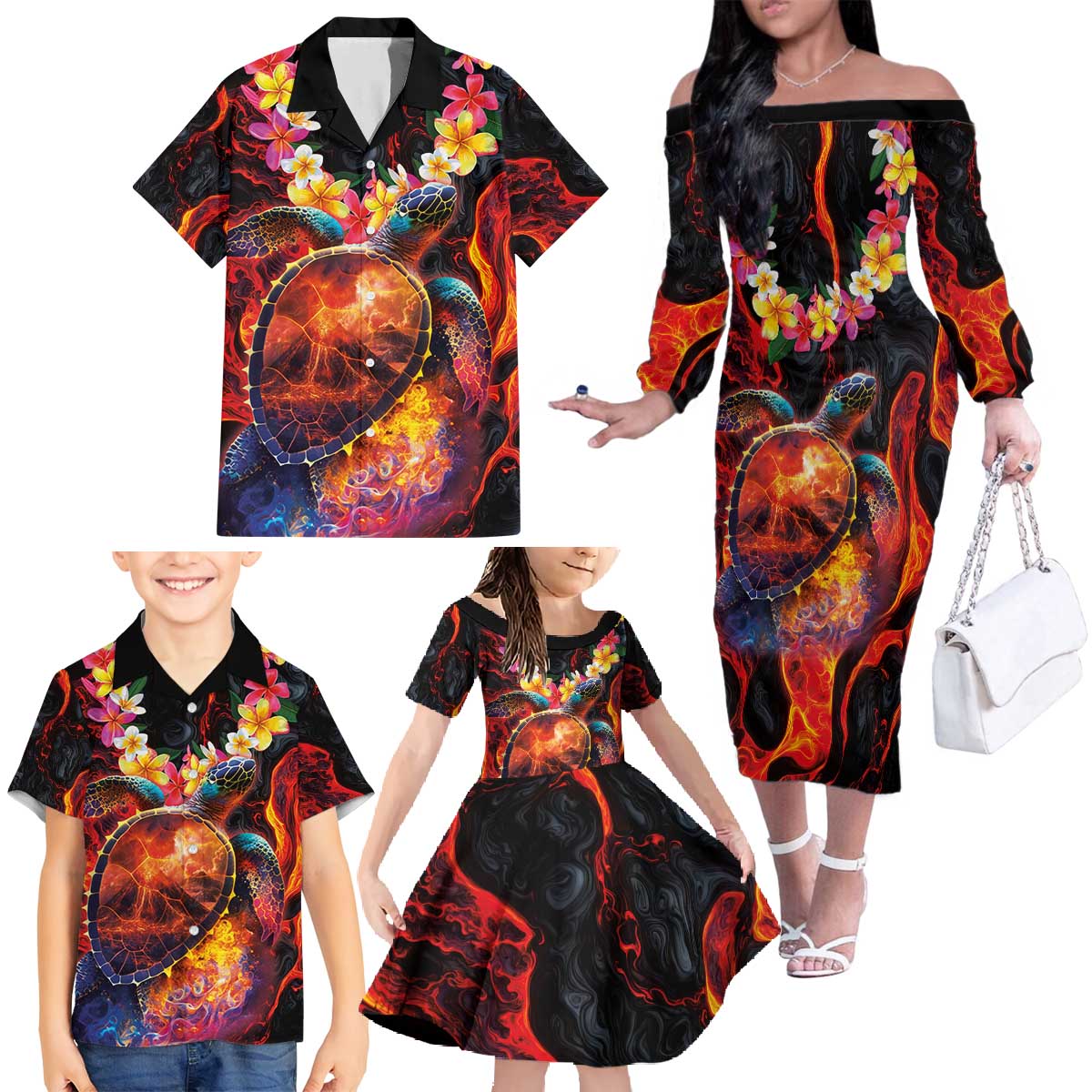Hawaiian Turtle with Volcanic Eruption Family Matching Off The Shoulder Long Sleeve Dress and Hawaiian Shirt Hibiscus Lei and Lava Flow an Abstract Texture