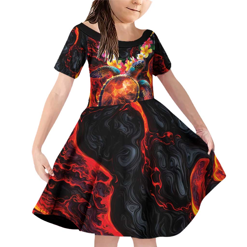 Hawaiian Turtle with Volcanic Eruption Family Matching Off Shoulder Short Dress and Hawaiian Shirt Hibiscus Lei and Lava Flow an Abstract Texture
