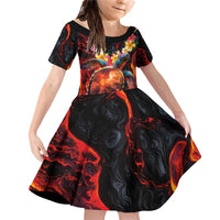Hawaiian Turtle with Volcanic Eruption Family Matching Off Shoulder Short Dress and Hawaiian Shirt Hibiscus Lei and Lava Flow an Abstract Texture