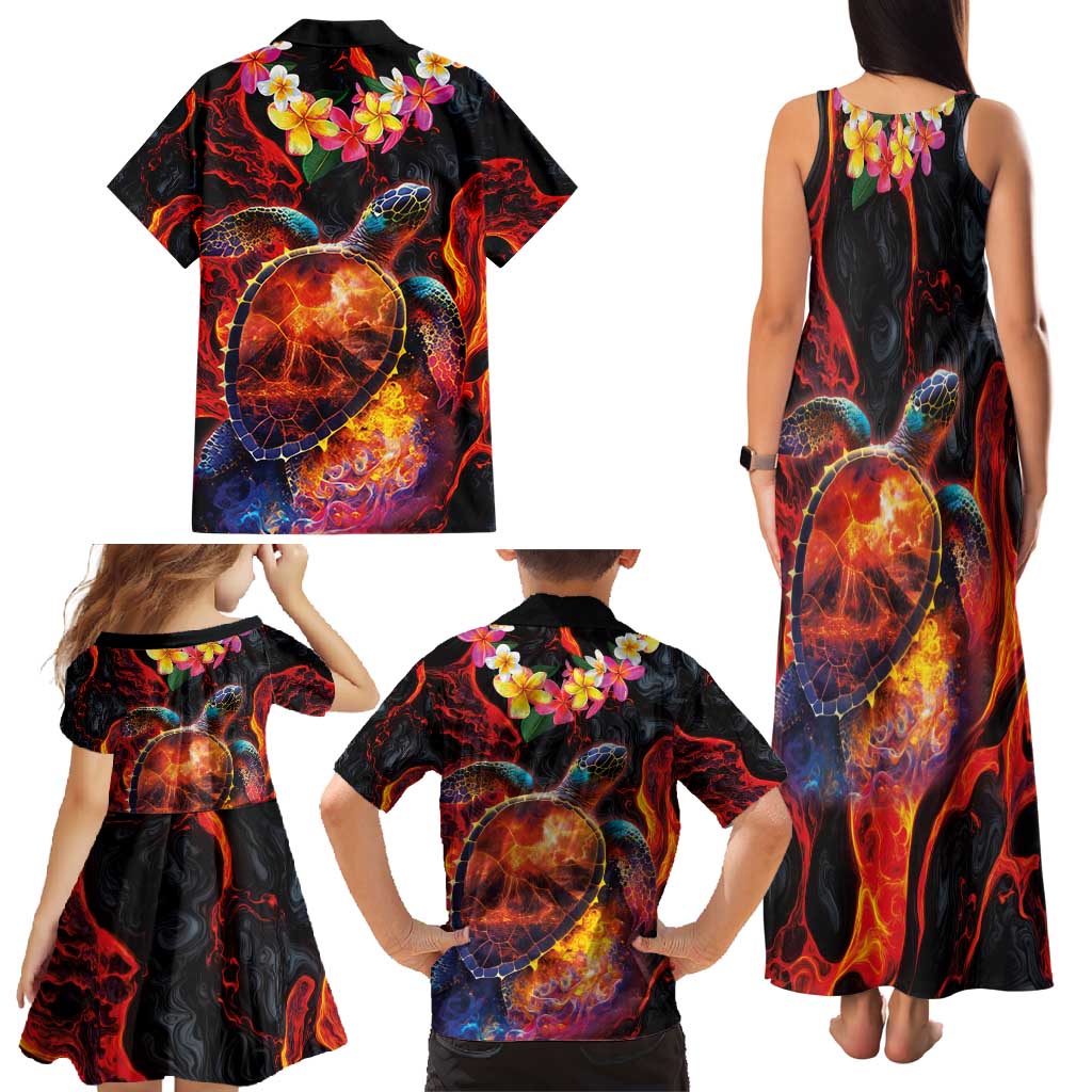 Hawaiian Turtle with Volcanic Eruption Family Matching Tank Maxi Dress and Hawaiian Shirt Hibiscus Lei and Lava Flow an Abstract Texture