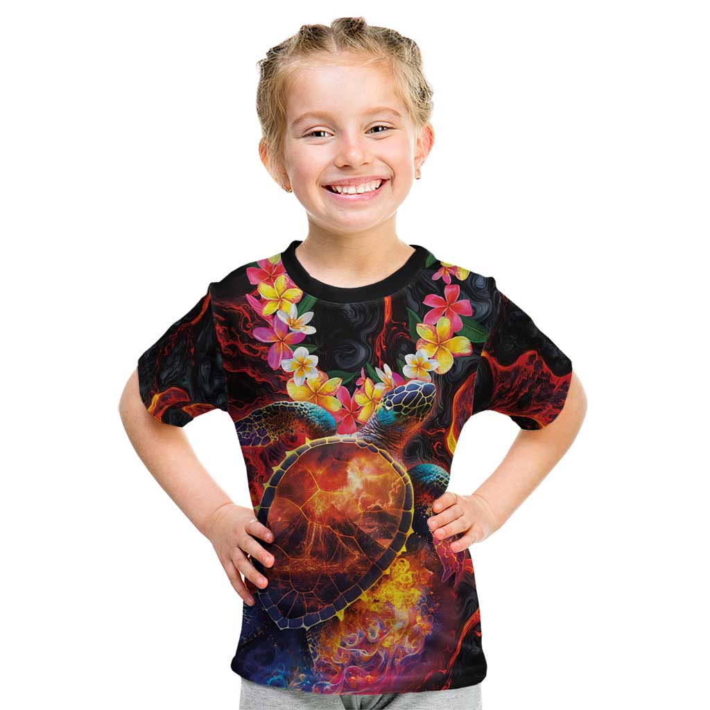 Hawaiian Turtle with Volcanic Eruption Kid T Shirt Hibiscus Lei and Lava Flow an Abstract Texture