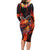 Hawaiian Turtle with Volcanic Eruption Long Sleeve Bodycon Dress Hibiscus Lei and Lava Flow an Abstract Texture