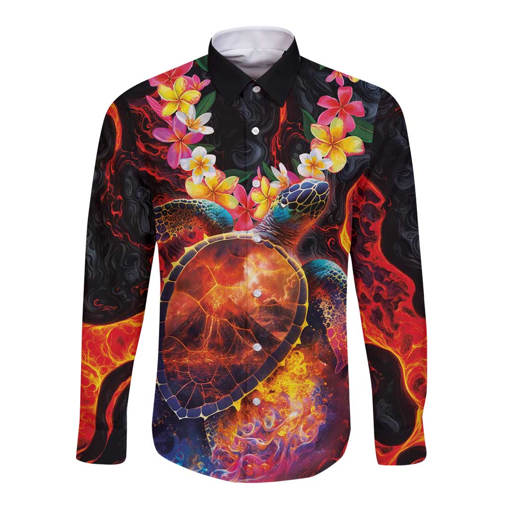 Hawaiian Turtle with Volcanic Eruption Long Sleeve Button Shirt Hibiscus Lei and Lava Flow an Abstract Texture