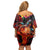 Hawaiian Turtle with Volcanic Eruption Off Shoulder Short Dress Hibiscus Lei and Lava Flow an Abstract Texture