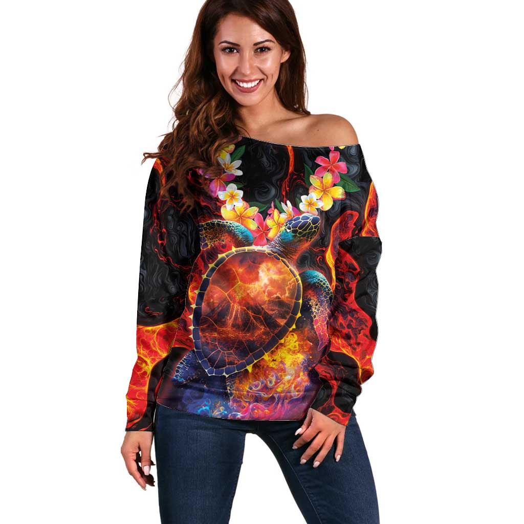 Hawaiian Turtle with Volcanic Eruption Off Shoulder Sweater Hibiscus Lei and Lava Flow an Abstract Texture