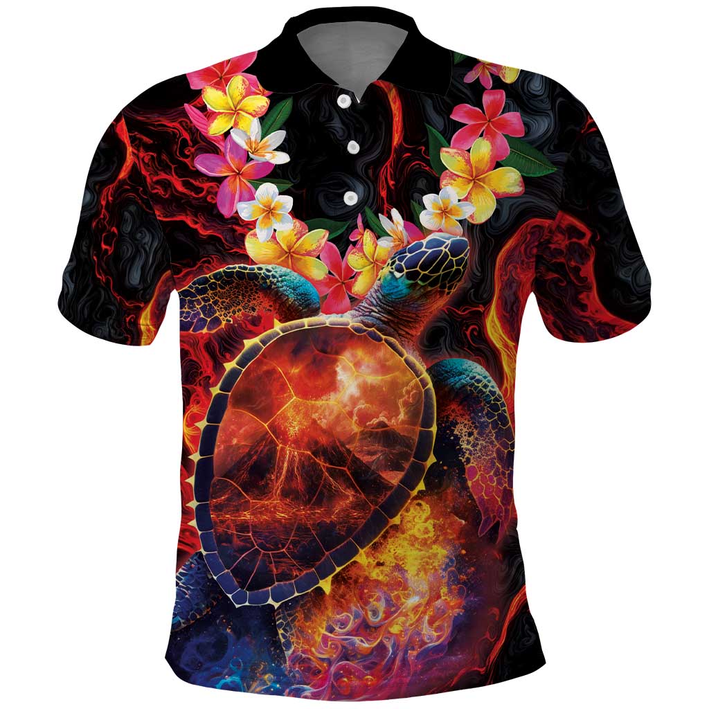 Hawaiian Turtle with Volcanic Eruption Polo Shirt Hibiscus Lei and Lava Flow an Abstract Texture