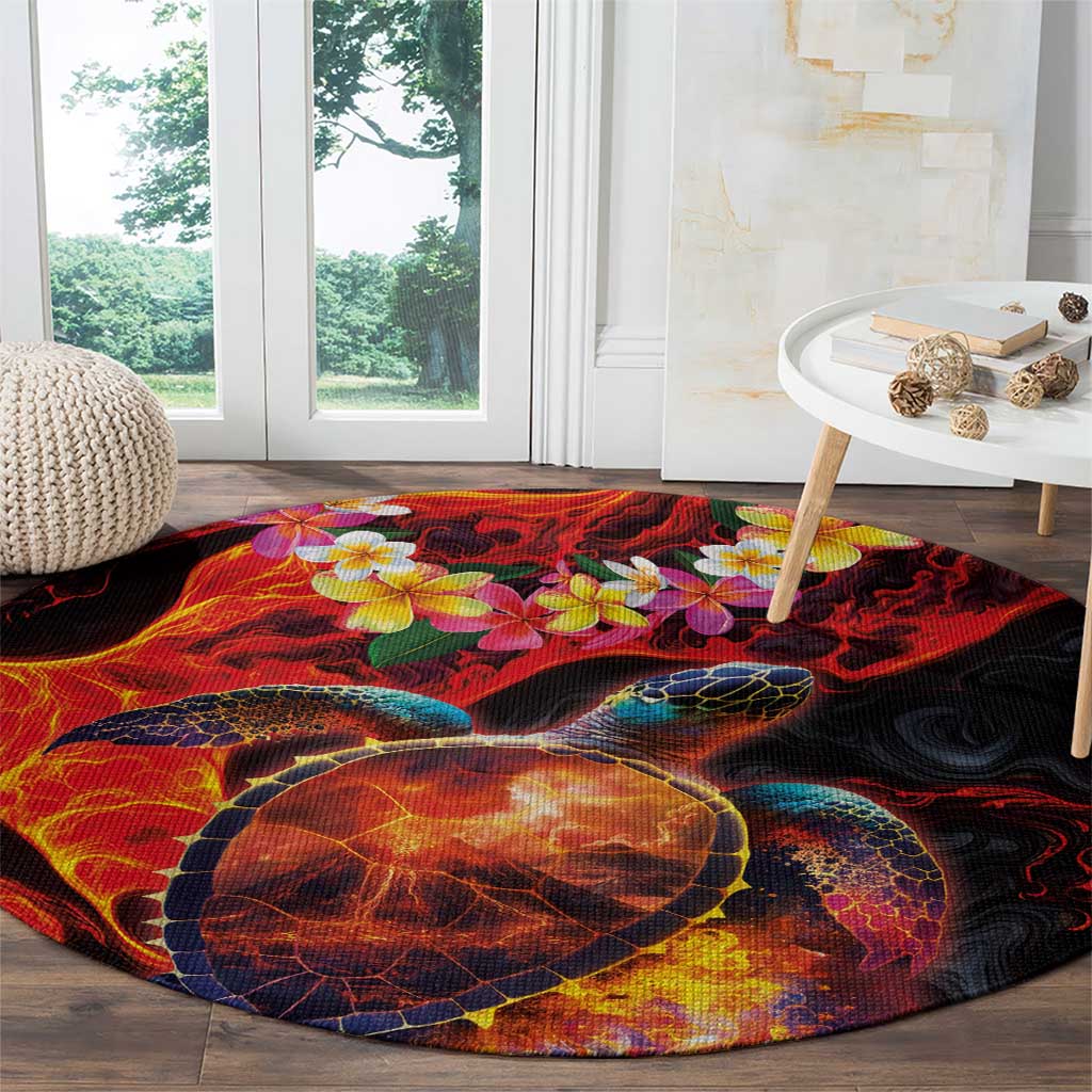 Hawaiian Turtle with Volcanic Eruption Round Carpet Hibiscus Lei and Lava Flow an Abstract Texture
