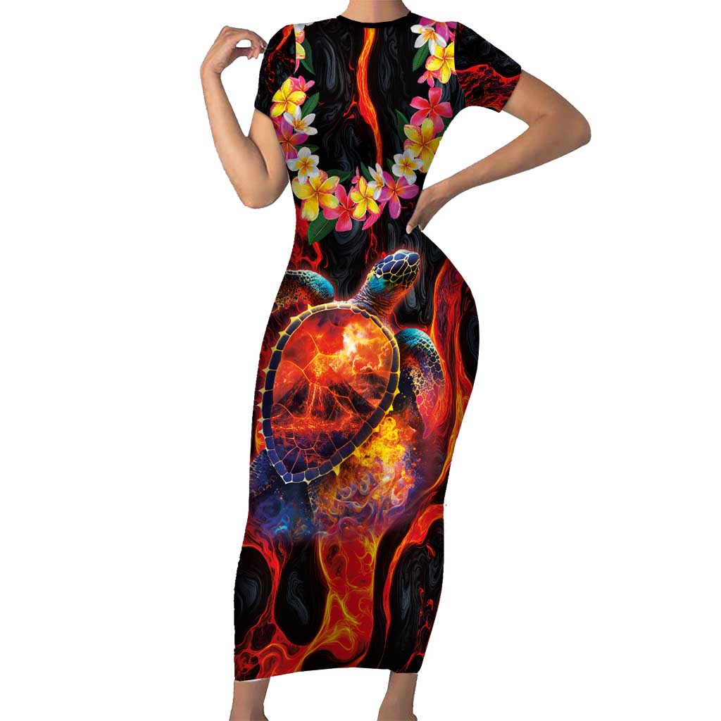 Hawaiian Turtle with Volcanic Eruption Short Sleeve Bodycon Dress Hibiscus Lei and Lava Flow an Abstract Texture