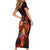 Hawaiian Turtle with Volcanic Eruption Short Sleeve Bodycon Dress Hibiscus Lei and Lava Flow an Abstract Texture