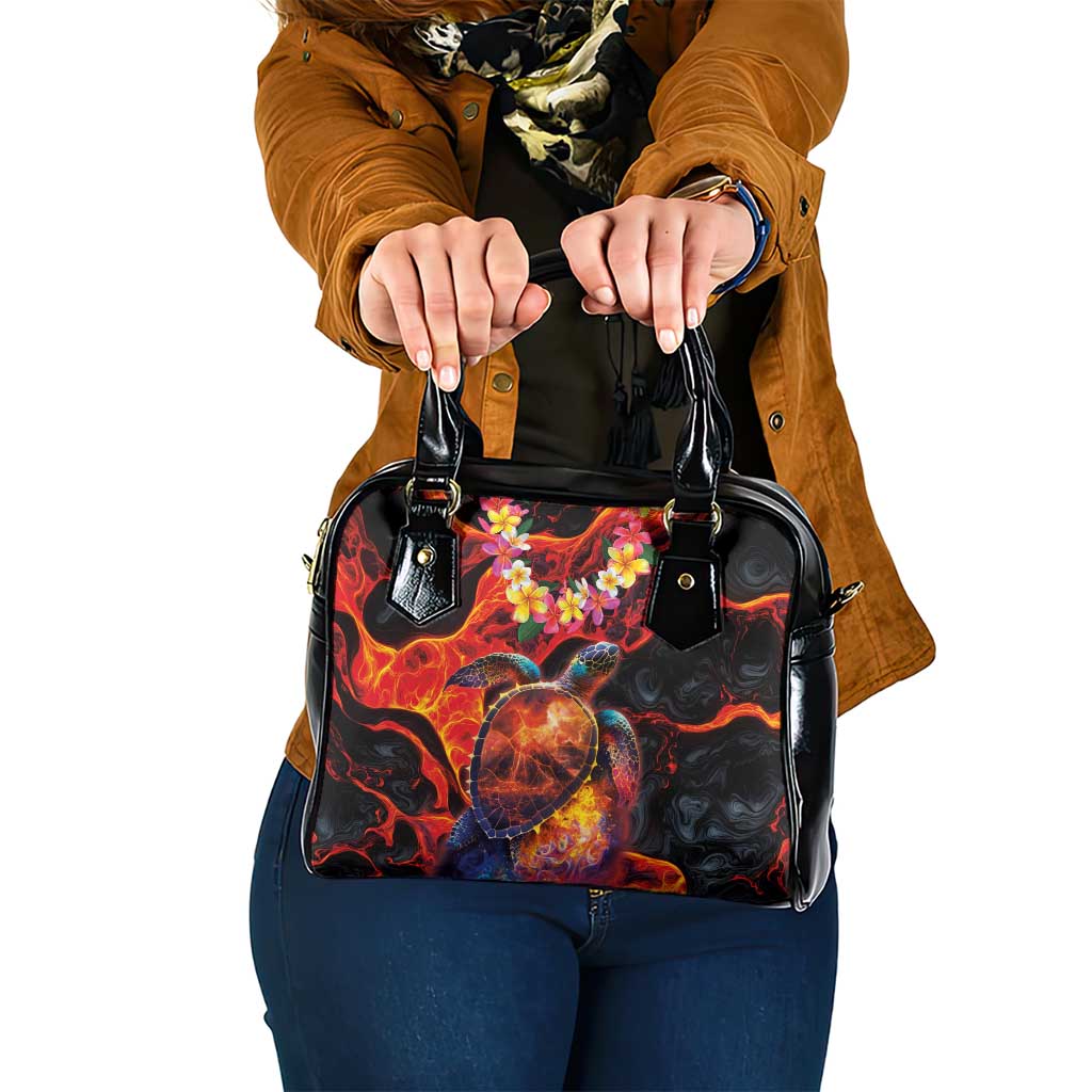 Hawaiian Turtle with Volcanic Eruption Shoulder Handbag Hibiscus Lei and Lava Flow an Abstract Texture LT03 One Size Black - Polynesian Pride