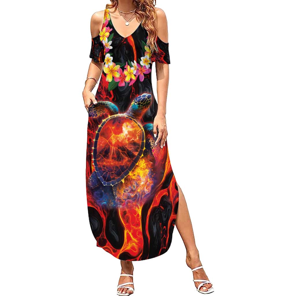 Hawaiian Turtle with Volcanic Eruption Summer Maxi Dress Hibiscus Lei and Lava Flow an Abstract Texture