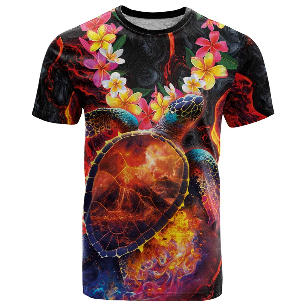 Hawaiian Turtle with Volcanic Eruption T Shirt Hibiscus Lei and Lava Flow an Abstract Texture