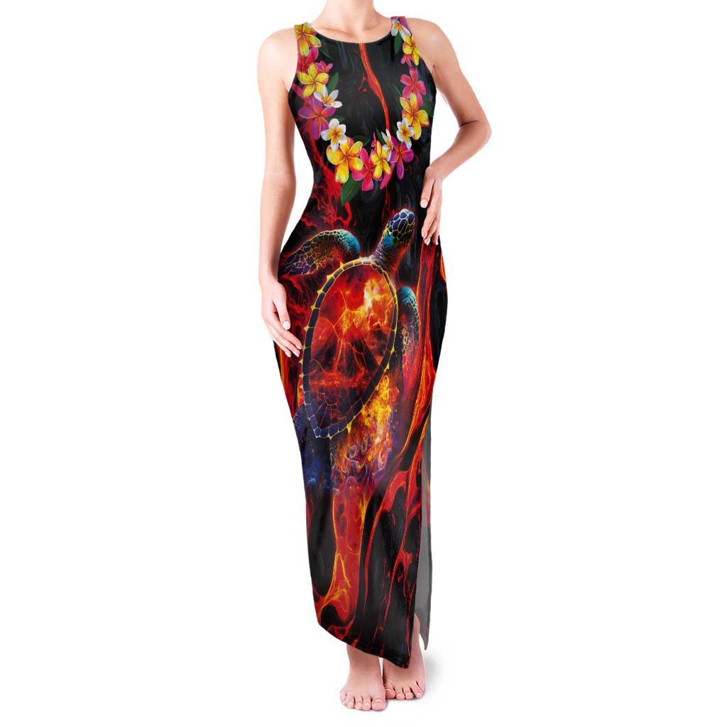 Hawaiian Turtle with Volcanic Eruption Tank Maxi Dress Hibiscus Lei and Lava Flow an Abstract Texture