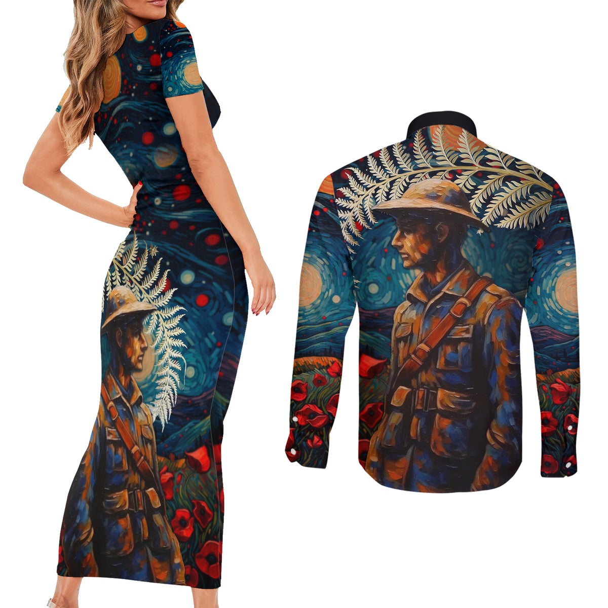 New Zealand Soldier ANZAC Day Couples Matching Short Sleeve Bodycon Dress and Long Sleeve Button Shirt Silver Fern Starry Night Style LT03 - Polynesian Pride