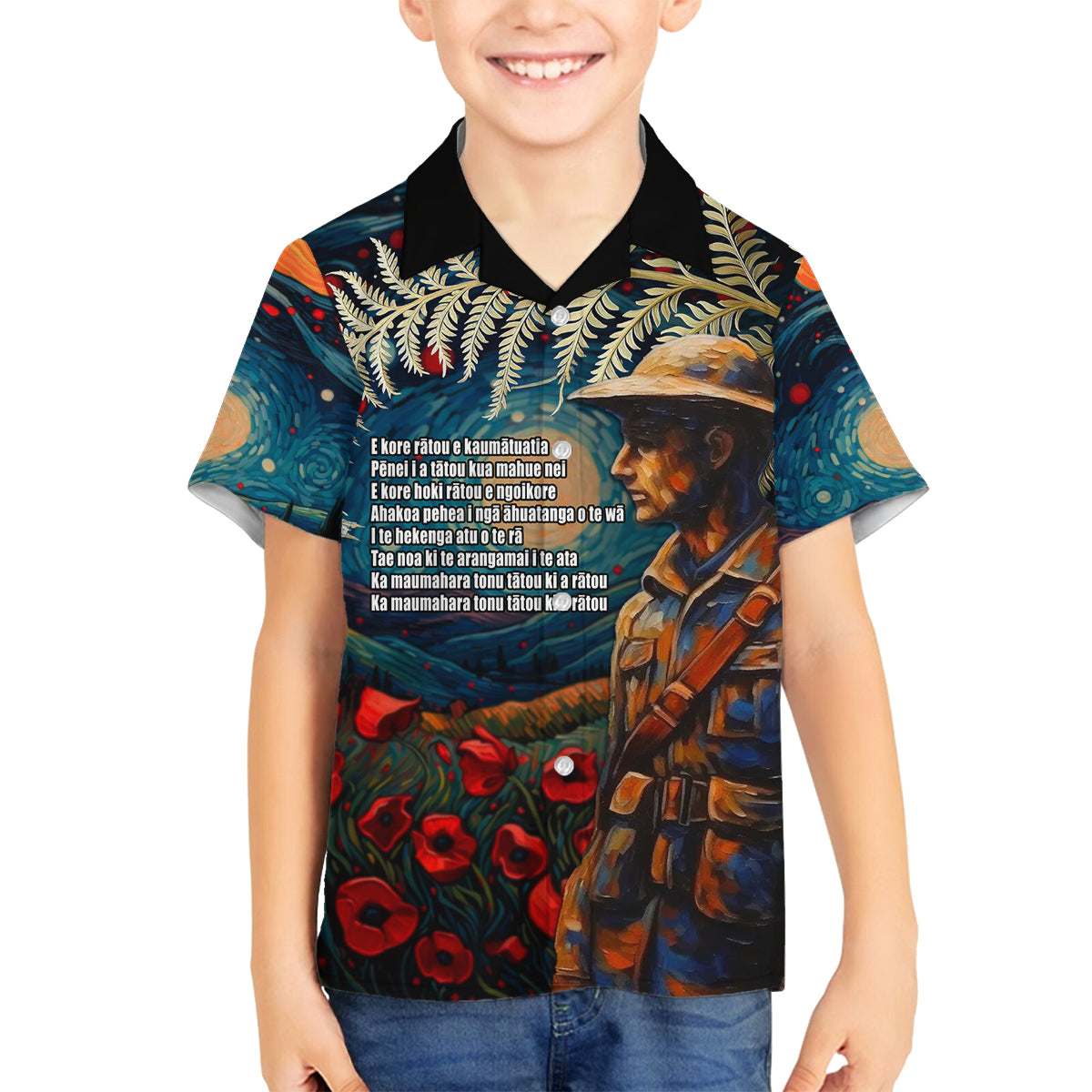New Zealand Soldier ANZAC Day Family Matching Long Sleeve Bodycon Dress and Hawaiian Shirt Silver Fern Starry Night Style LT03 Son's Shirt Blue - Polynesian Pride