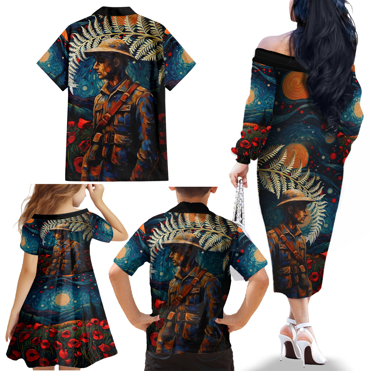 New Zealand Soldier ANZAC Day Family Matching Off Shoulder Long Sleeve Dress and Hawaiian Shirt Silver Fern Starry Night Style LT03 - Polynesian Pride