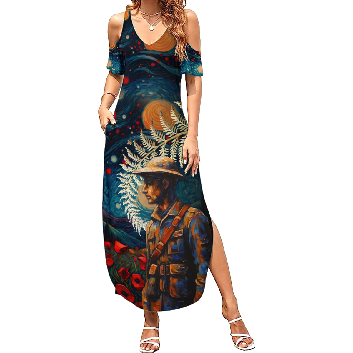 New Zealand Soldier ANZAC Day Summer Maxi Dress Silver Fern Starry Night Style LT03 Women Blue - Polynesian Pride