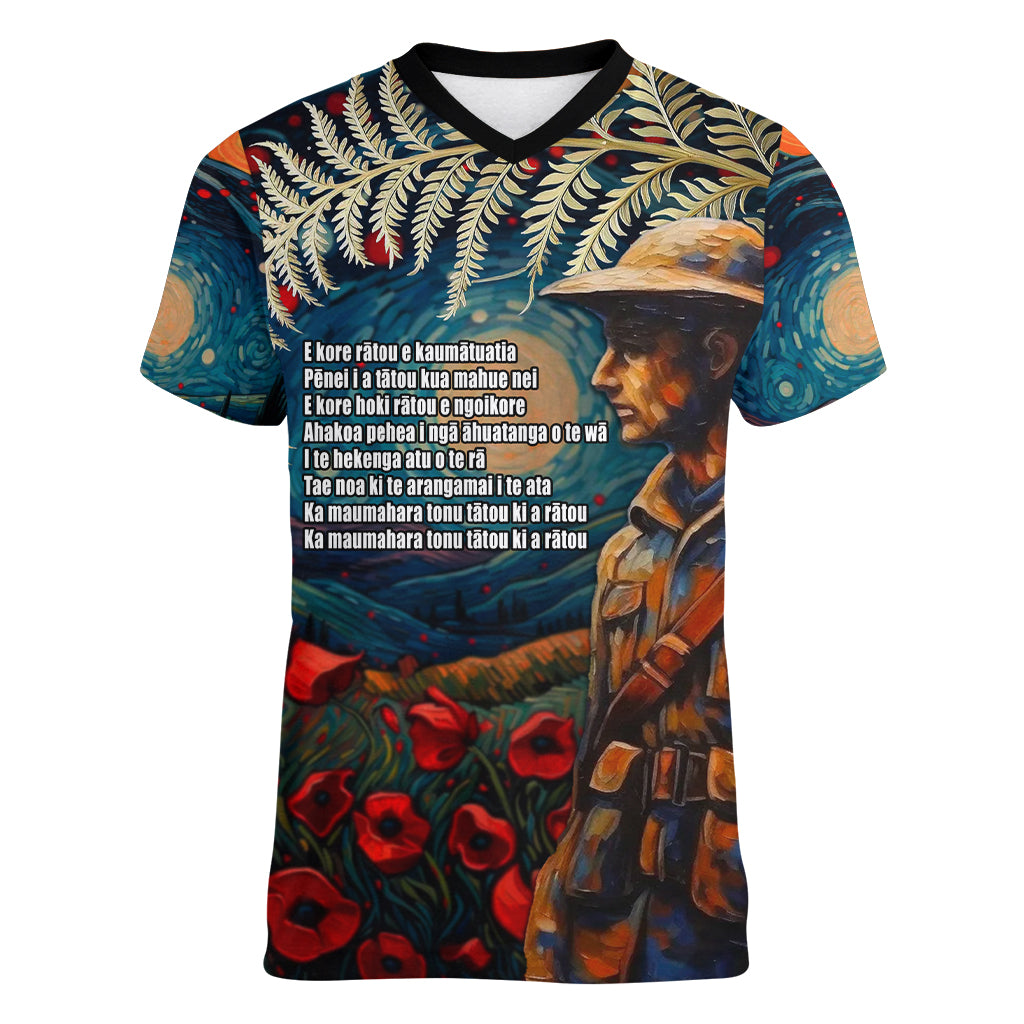 New Zealand Soldier ANZAC Day Women V Neck T Shirt Silver Fern Starry Night Style LT03 Female Blue - Polynesian Pride