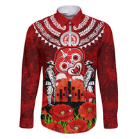New Zealand ANZAC Waitangi Day Family Matching Puletasi and Hawaiian Shirt Hei Tiki and Soldier LT03 Dad's Shirt - Long Sleeve Red - Polynesian Pride