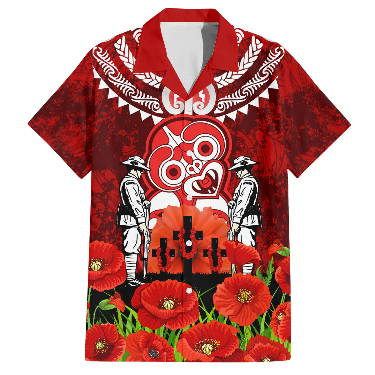 New Zealand ANZAC Waitangi Day Family Matching Tank Maxi Dress and Hawaiian Shirt Hei Tiki and Soldier LT03 Dad's Shirt - Short Sleeve Red - Polynesian Pride