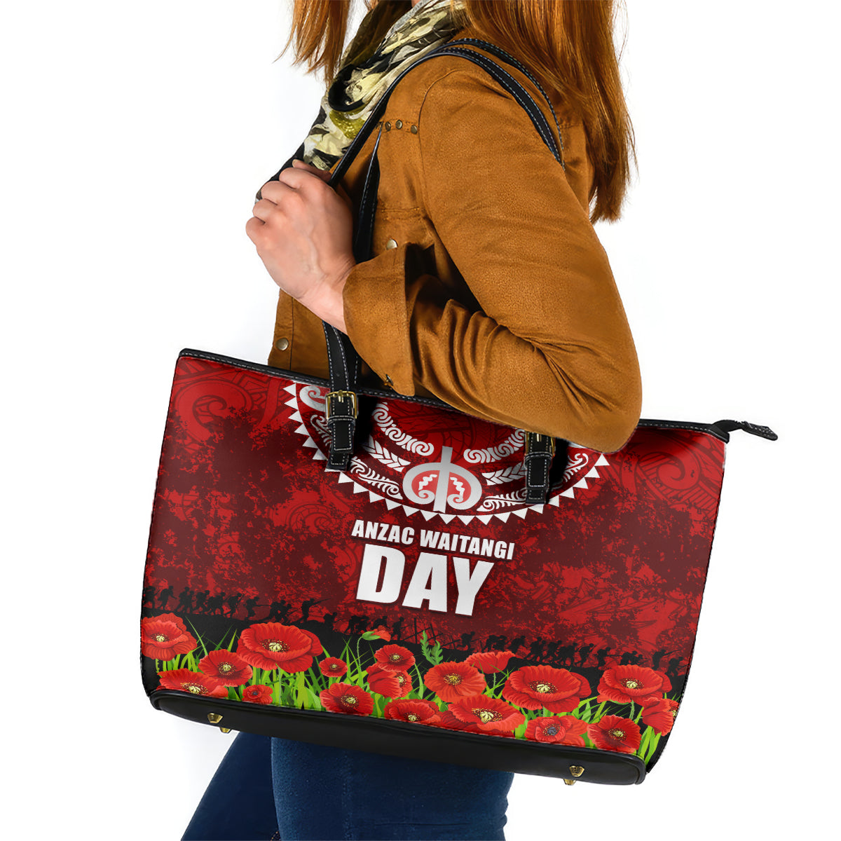 New Zealand ANZAC Waitangi Day Leather Tote Bag Hei Tiki and Soldier LT03 Red - Polynesian Pride