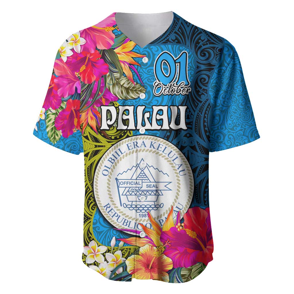 Palau Independence Day Baseball Jersey 1st October 30th Anniversary Polynesian Jungle Flower