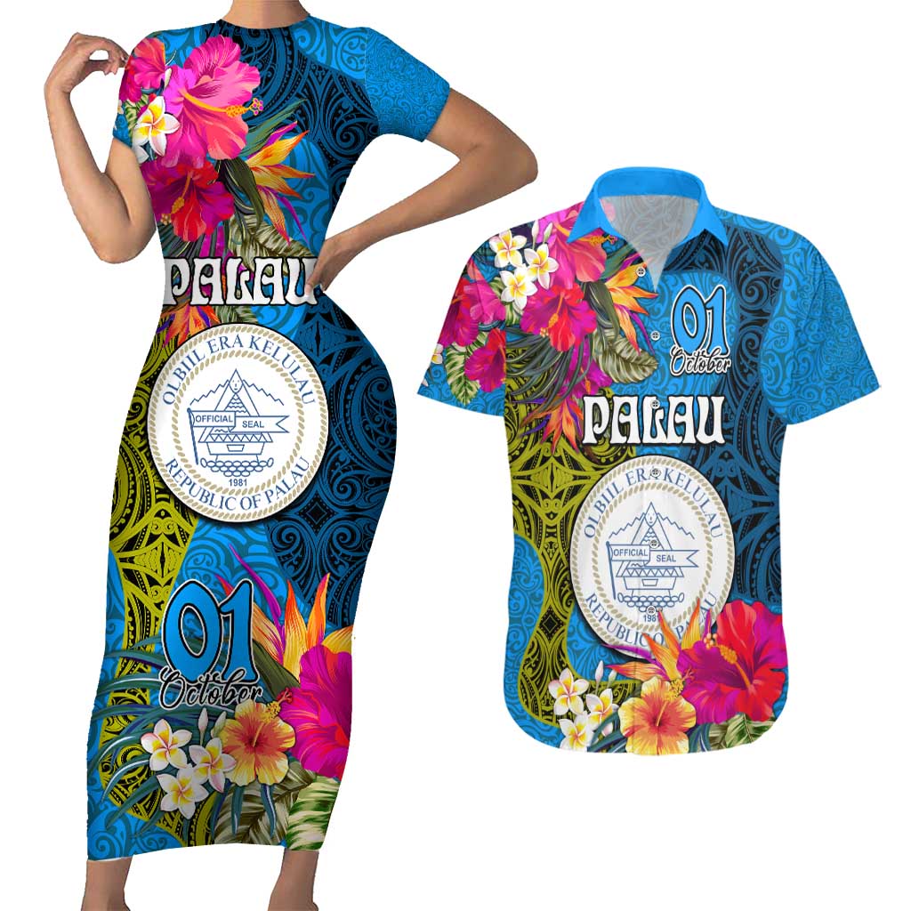 Palau Independence Day Couples Matching Short Sleeve Bodycon Dress and Hawaiian Shirt 1st October 30th Anniversary Polynesian Jungle Flower