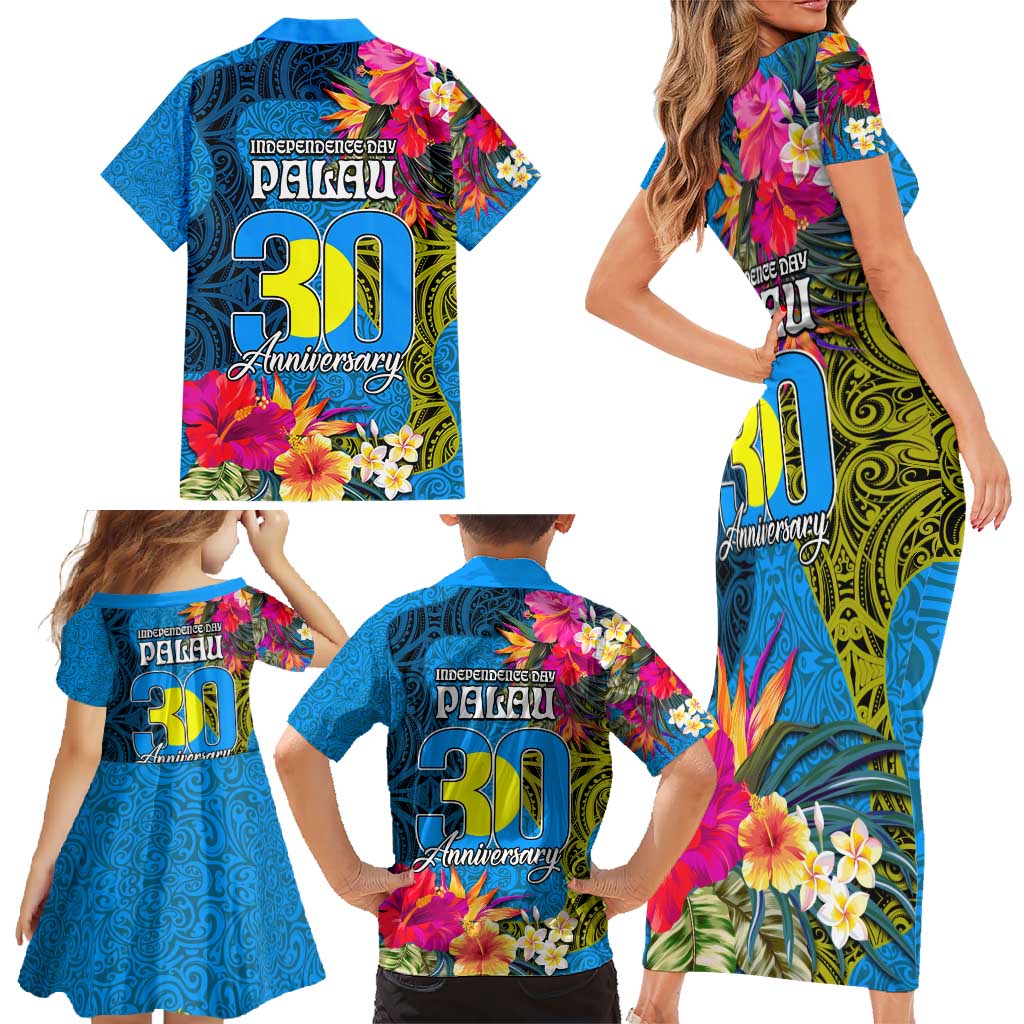 Palau Independence Day Family Matching Short Sleeve Bodycon Dress and Hawaiian Shirt 1st October 30th Anniversary Polynesian Jungle Flower