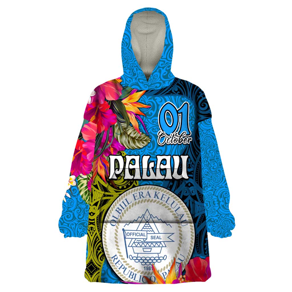 Palau Independence Day Wearable Blanket Hoodie 1st October 30th Anniversary Polynesian Jungle Flower