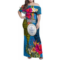 Personalised Palau Independence Day Family Matching Off Shoulder Maxi Dress and Hawaiian Shirt 1st October 30th Anniversary Polynesian Jungle Flower
