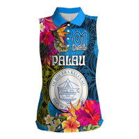 Personalised Palau Independence Day Women Sleeveless Polo Shirt 1st October 30th Anniversary Polynesian Jungle Flower