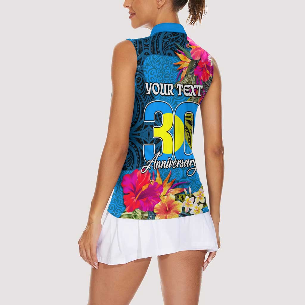 Personalised Palau Independence Day Women Sleeveless Polo Shirt 1st October 30th Anniversary Polynesian Jungle Flower