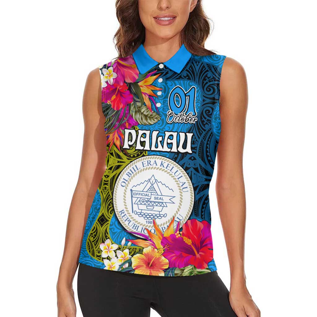 Personalised Palau Independence Day Women Sleeveless Polo Shirt 1st October 30th Anniversary Polynesian Jungle Flower