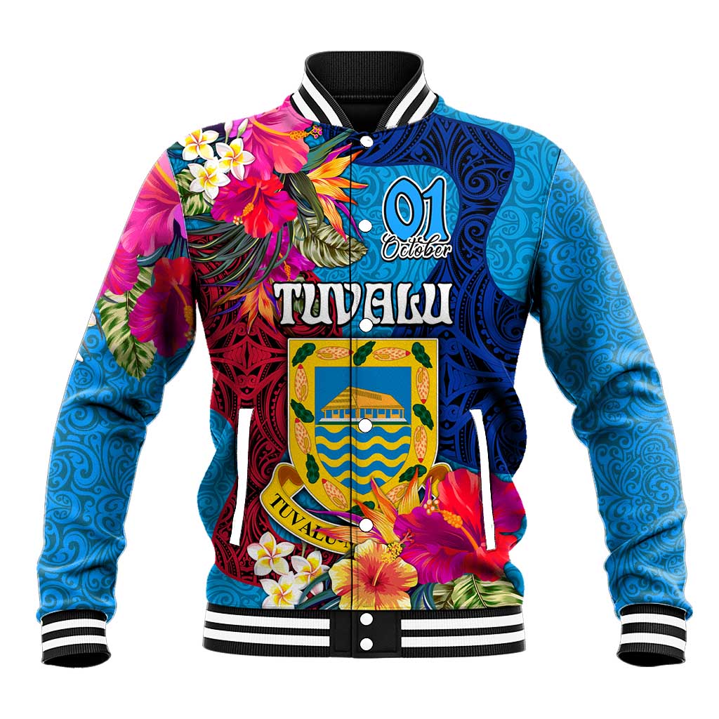 Tuvalu Independence Day Baseball Jacket 1st October 46th Anniversary Polynesian Jungle Flower