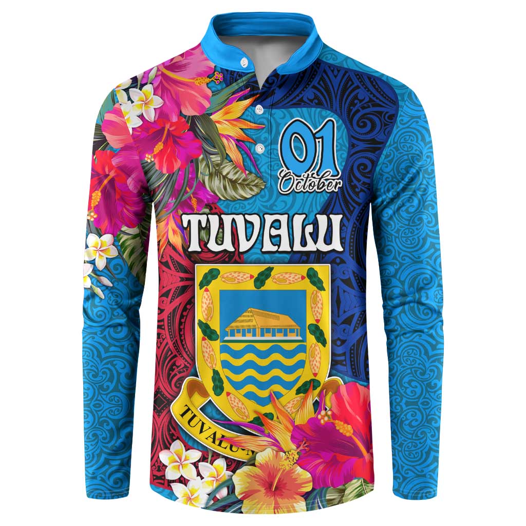 Tuvalu Independence Day Button Sweatshirt 1st October 46th Anniversary Polynesian Jungle Flower