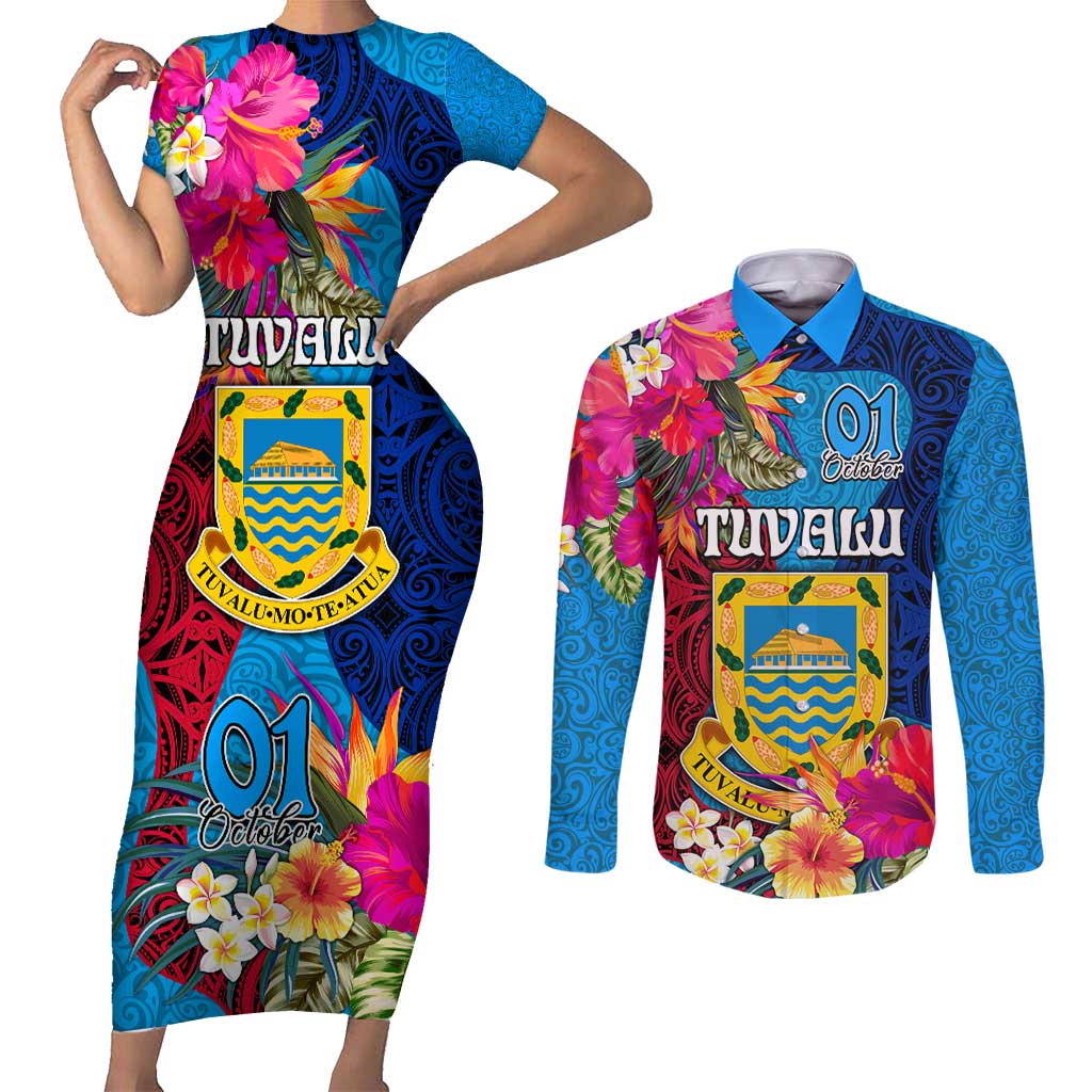 Tuvalu Independence Day Couples Matching Short Sleeve Bodycon Dress and Long Sleeve Button Shirt 1st October 46th Anniversary Polynesian Jungle Flower