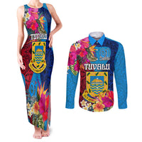 Tuvalu Independence Day Couples Matching Tank Maxi Dress and Long Sleeve Button Shirt 1st October 46th Anniversary Polynesian Jungle Flower LT03 Blue - Polynesian Pride