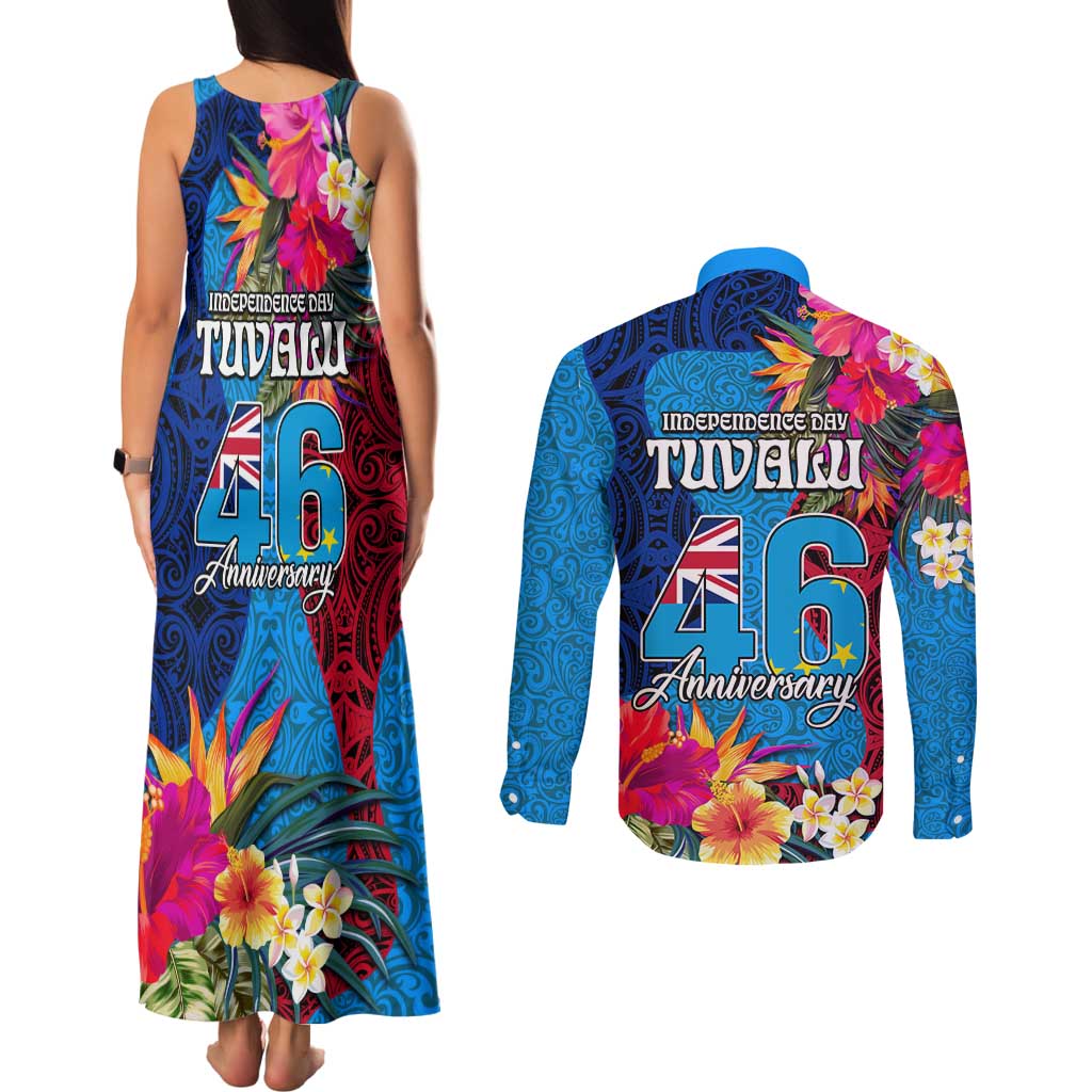 Tuvalu Independence Day Couples Matching Tank Maxi Dress and Long Sleeve Button Shirt 1st October 46th Anniversary Polynesian Jungle Flower LT03 - Polynesian Pride