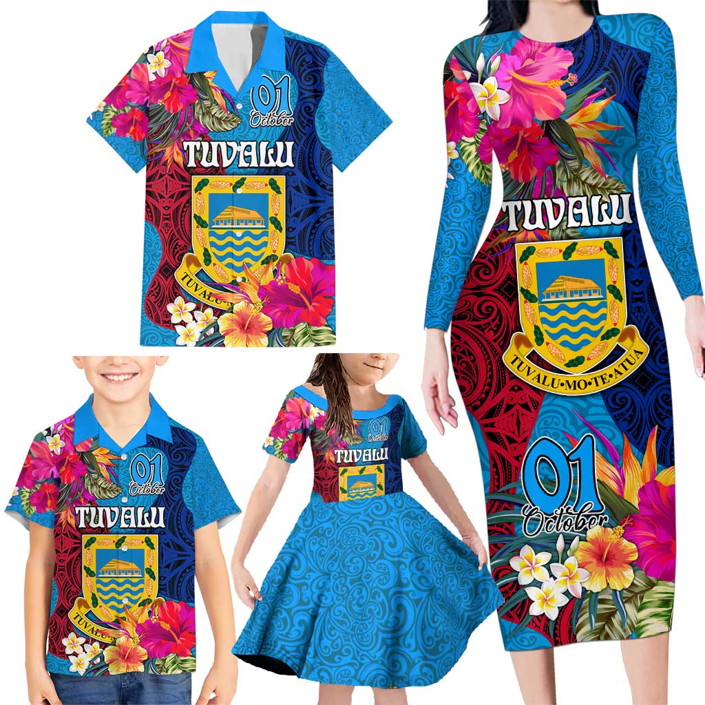 Tuvalu Independence Day Family Matching Long Sleeve Bodycon Dress and Hawaiian Shirt 1st October 46th Anniversary Polynesian Jungle Flower