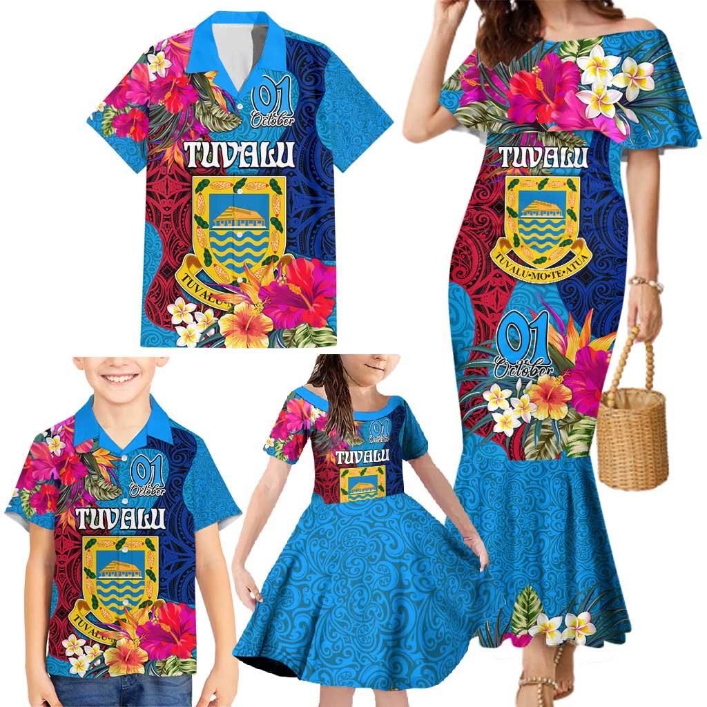 Tuvalu Independence Day Family Matching Mermaid Dress and Hawaiian Shirt 1st October 46th Anniversary Polynesian Jungle Flower