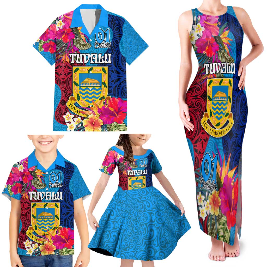 Tuvalu Independence Day Family Matching Tank Maxi Dress and Hawaiian Shirt 1st October 46th Anniversary Polynesian Jungle Flower