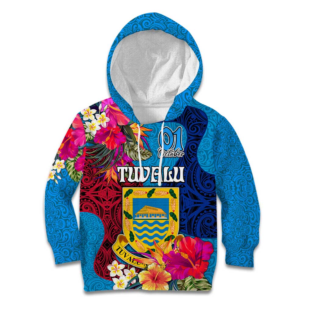 Tuvalu Independence Day Kid Hoodie 1st October 46th Anniversary Polynesian Jungle Flower