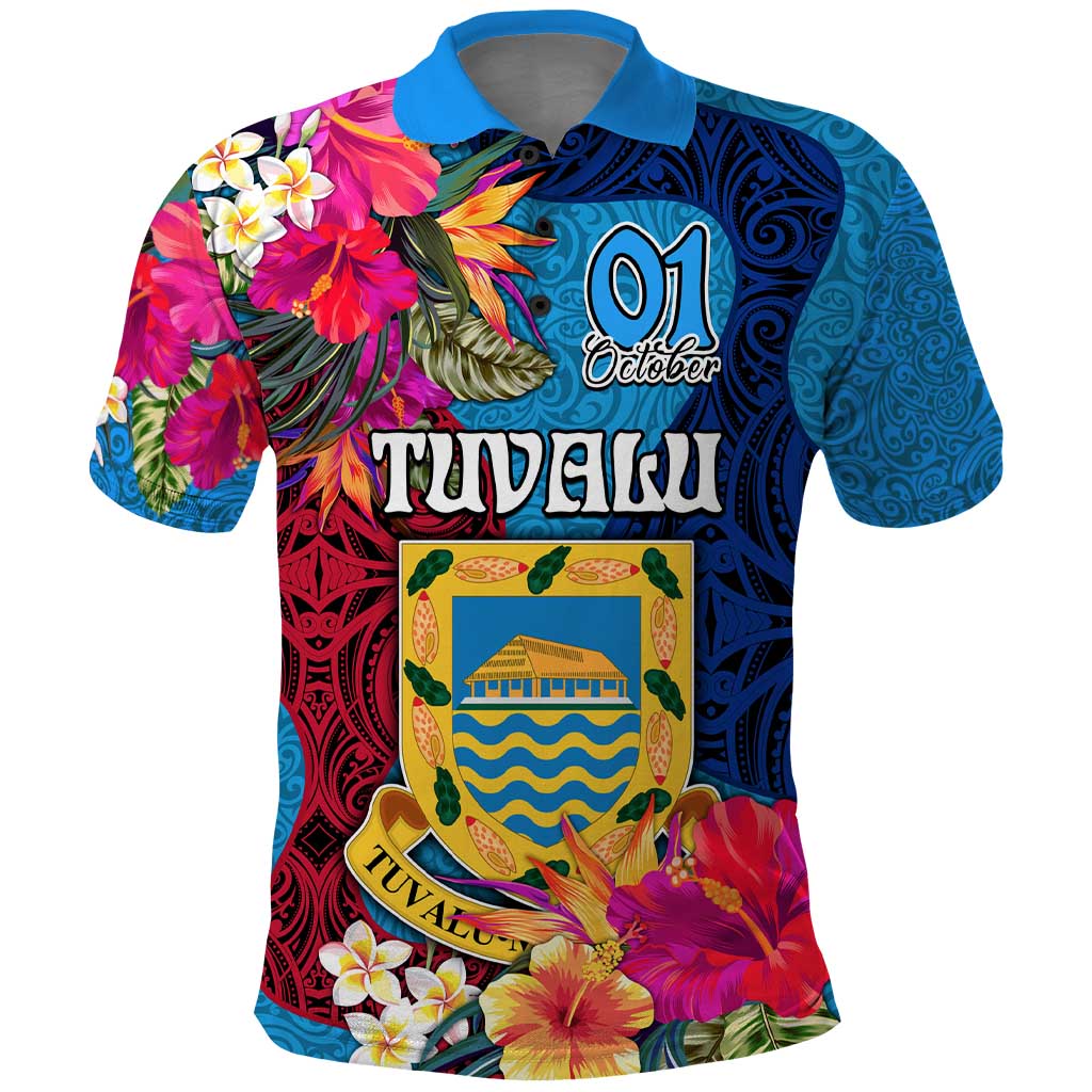 Tuvalu Independence Day Polo Shirt 1st October 46th Anniversary Polynesian Jungle Flower